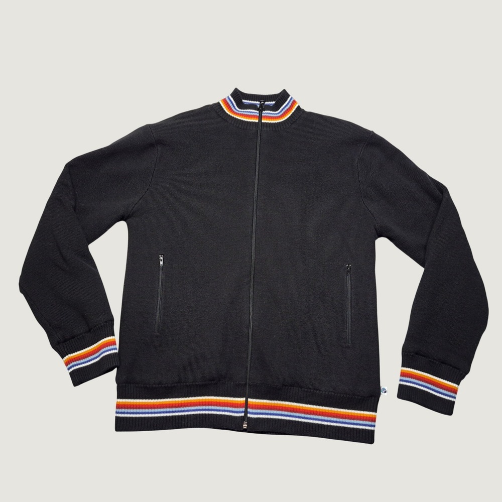 Phys.Sci Full Zip Knit Jacket Mens Small Black Rainbow Stripe Excellent Trim